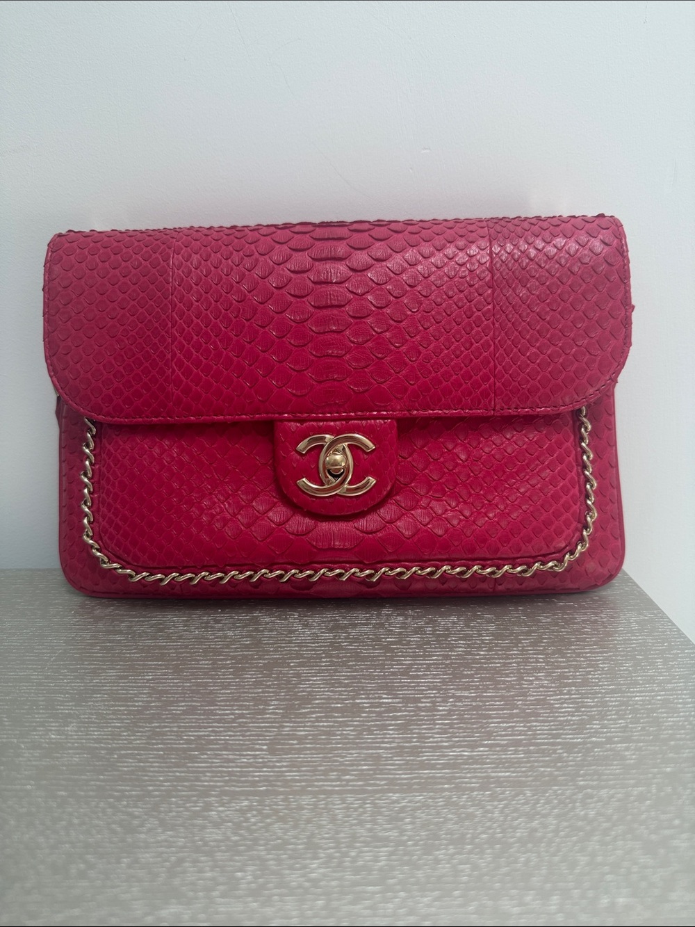 SOLD- CHANEL hot pink Python Flap bag - Picture 2 of 7